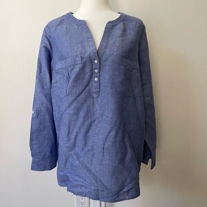 Talbots Linen Blend Blue Long sleeve Popover V-neck Top Blouse Size XXL